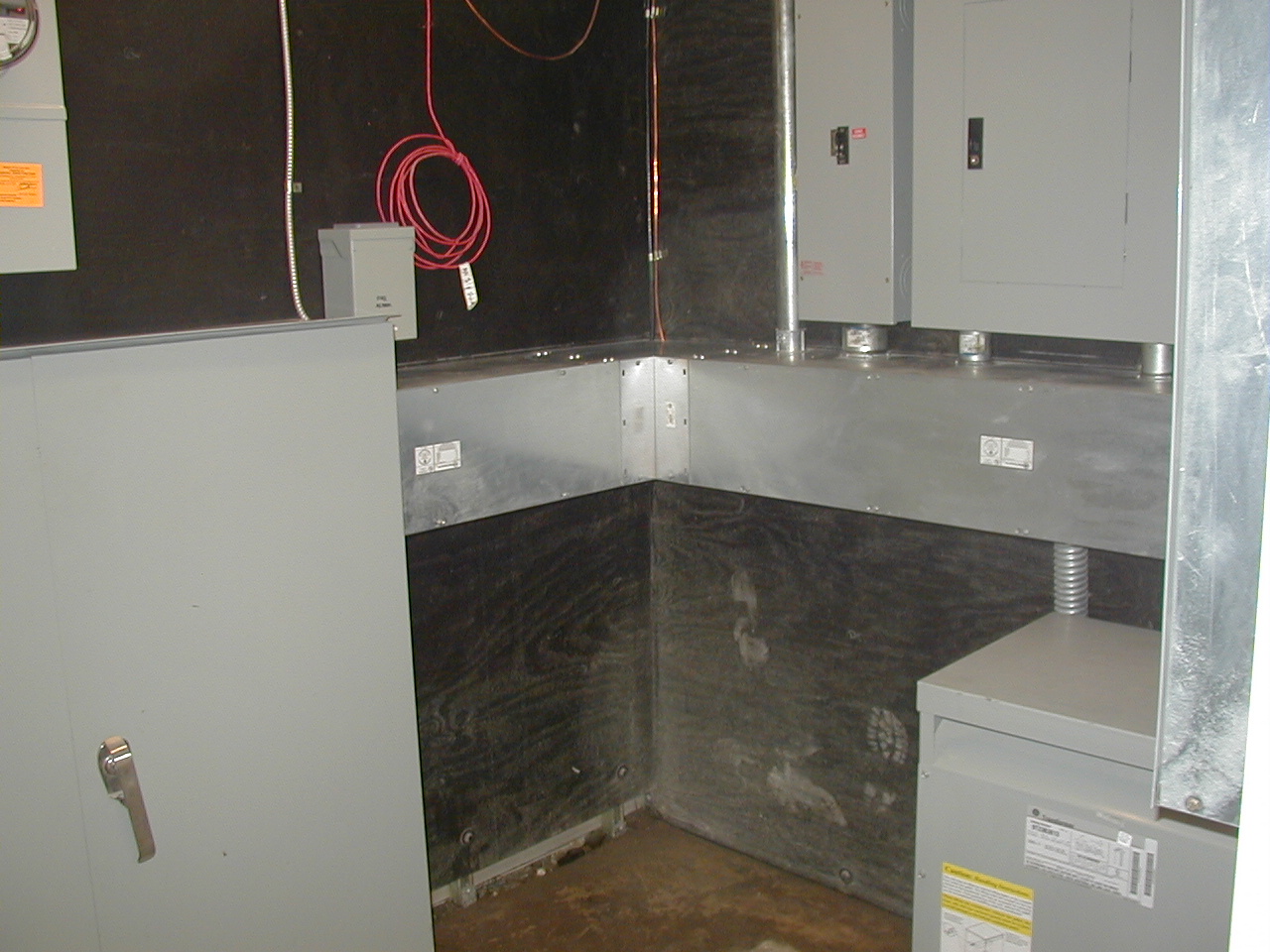 View of recently installed electrical room

400 Amp 120/240 Volt Three Phase Delta CT Cabinet
120/240 Volt Delta Power Panel
120/208 Volt Wye Lighting Panel
Power and Fire Alarm Disconnects
120/240 to 120/208 Volt Delta/Wye [Y] Transformer

      Click to return to photo page!
